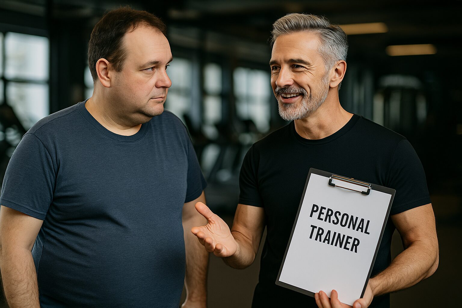 40代の同年代の男性がパーソナルトレーナーの必要性を説明している。