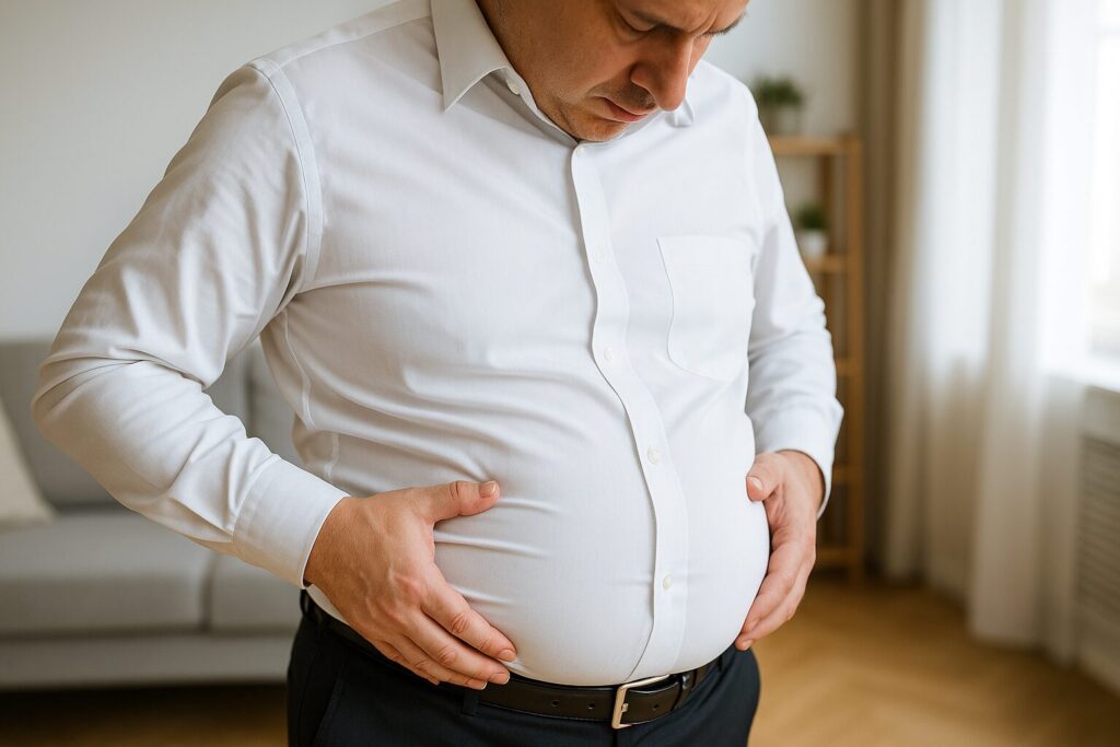 41歳の中年男性がお腹を触りながら、痩せる方法を考えている